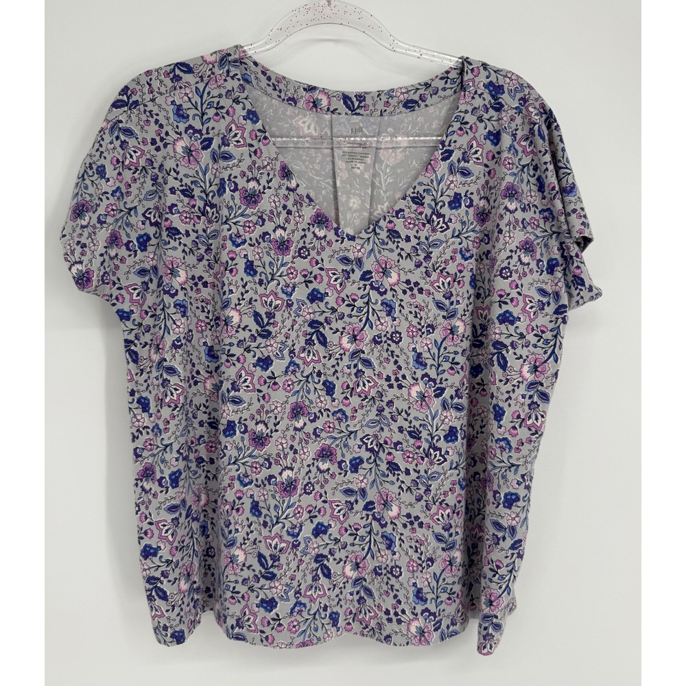 J. Jill Women Floral V-Neck Short Sleeve Top Grey Purple Pima Cotton Blend Sz M